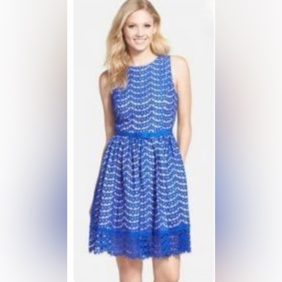 Eliza J Dresses & Skirts - Eliza J lace eyelet belted Patterned Dress blue nude size 6